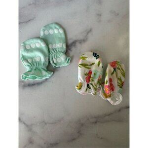 Baby girl mittens cotton set of 2 floral mint green